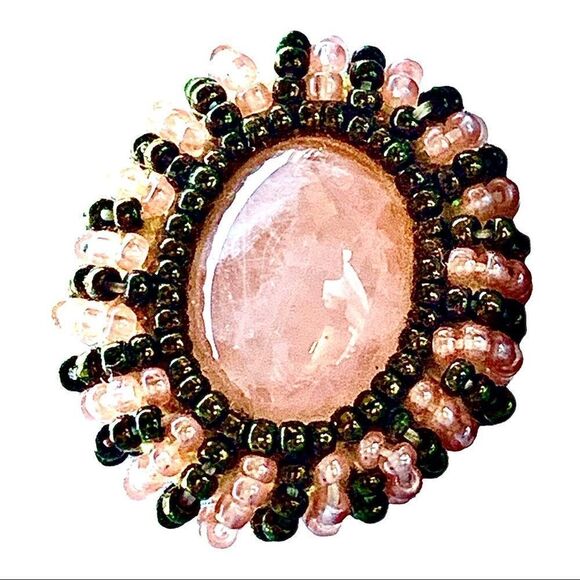 Vtg natural rose Quartz cab with pink and ab green glass beads round pierced - Picture 4 of 12